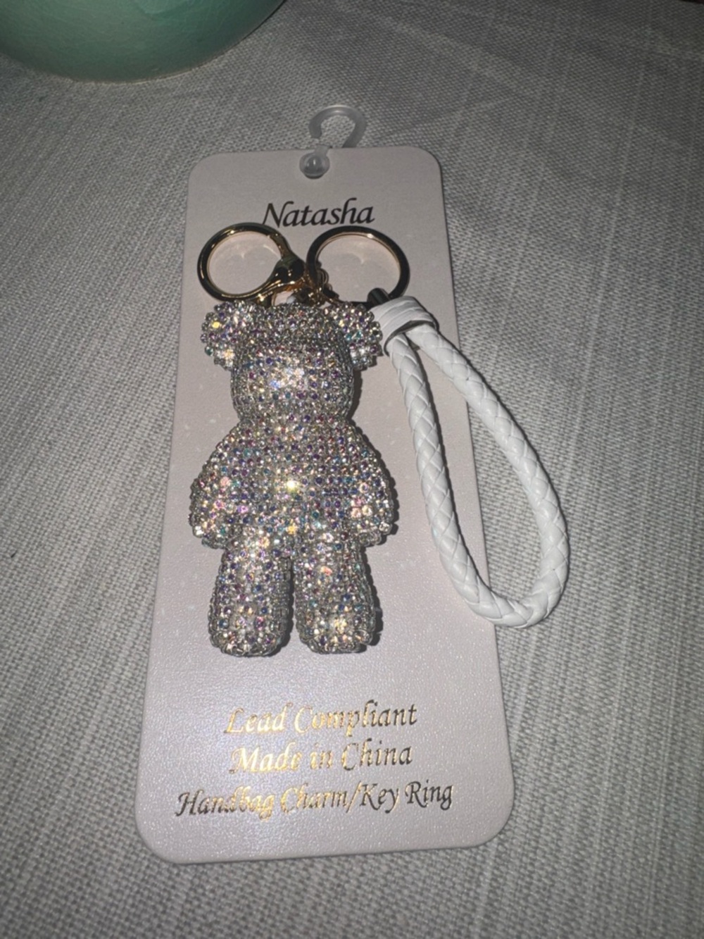 Natasha Sparkling Crystal Bear (large see pic) with White Braided Strap CUTE